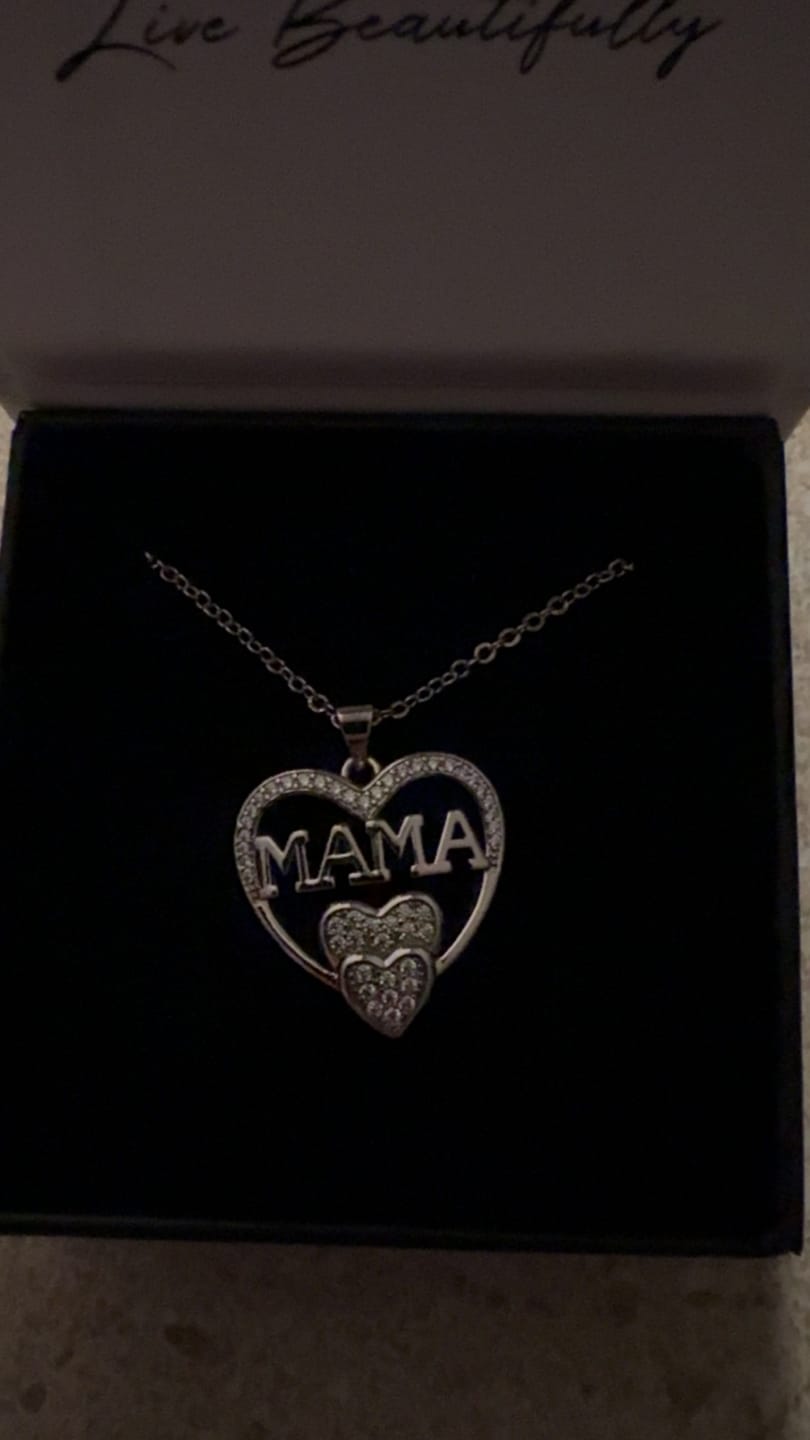Customer photo review of Selena 18k White Gold Plated Mama Heart Pendant Necklace with Simulated Diamond Crystals