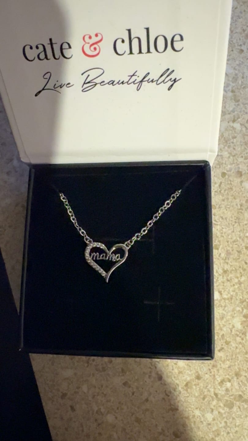 Customer photo review of Louise 18k White Gold Plated Mama Heart Necklace with Simulated Diamond Crystals