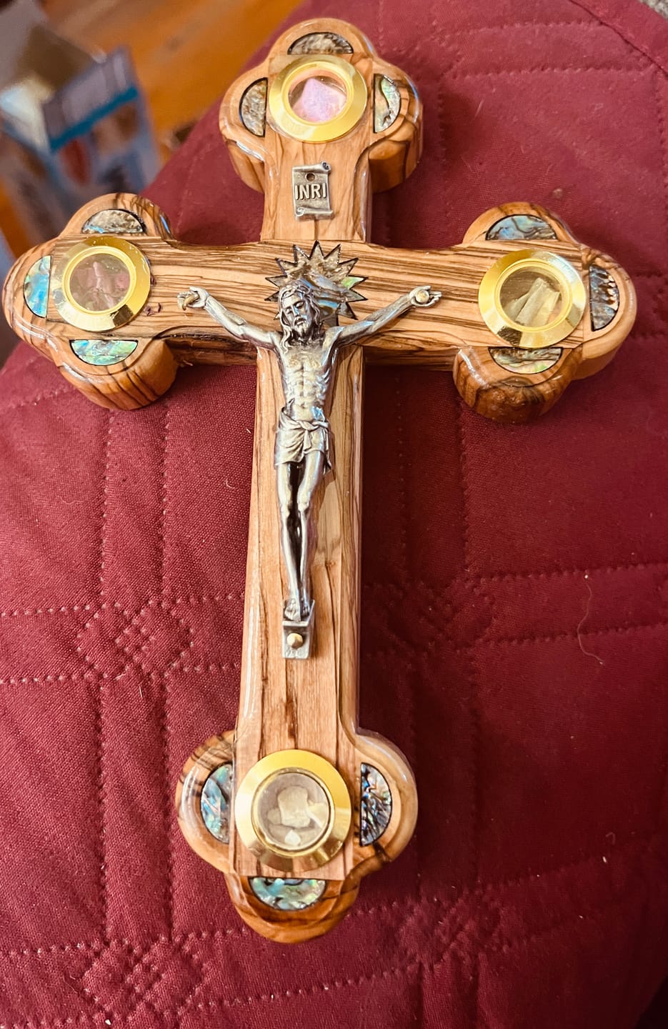 Customer photo review of Olive Wood Crucifix (Partially covered with Mother of Pearl) - Holy Land Crucifixes