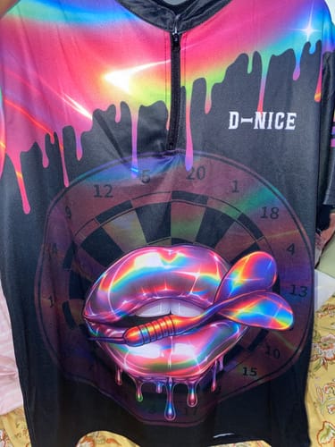 Customer photo review of Maxcorners Darts Neon Holographic Lips Dartboard Multicolor Customized Name, Team Name 3D Shirts