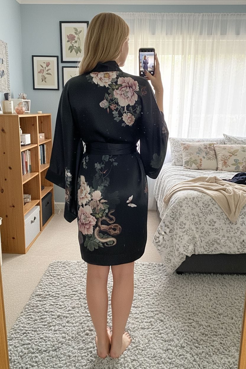 Customer photo review of Silk Kimono Dressing Gown Black | Fleur Japonaise