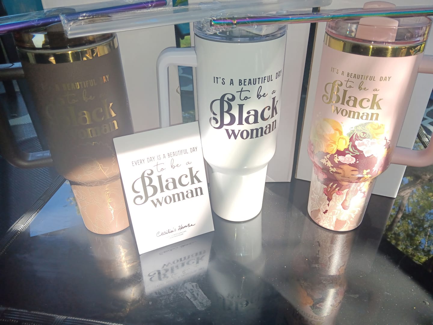 Customer photo review of Pink “Royalty Blossomed” 40oz Insulated Tumbler – "It’s a Beautiful Day to be a Black Woman"