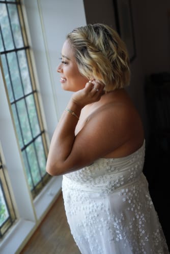 Customer photo review of Jane Strapless High-Low Gown by Bariano - RENTAL