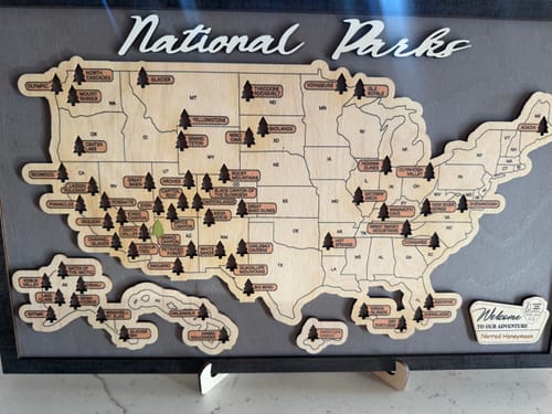 Customer photo review of US Wooden National Parks Travel Map With Trees To Record Park Visits (Light Grey)