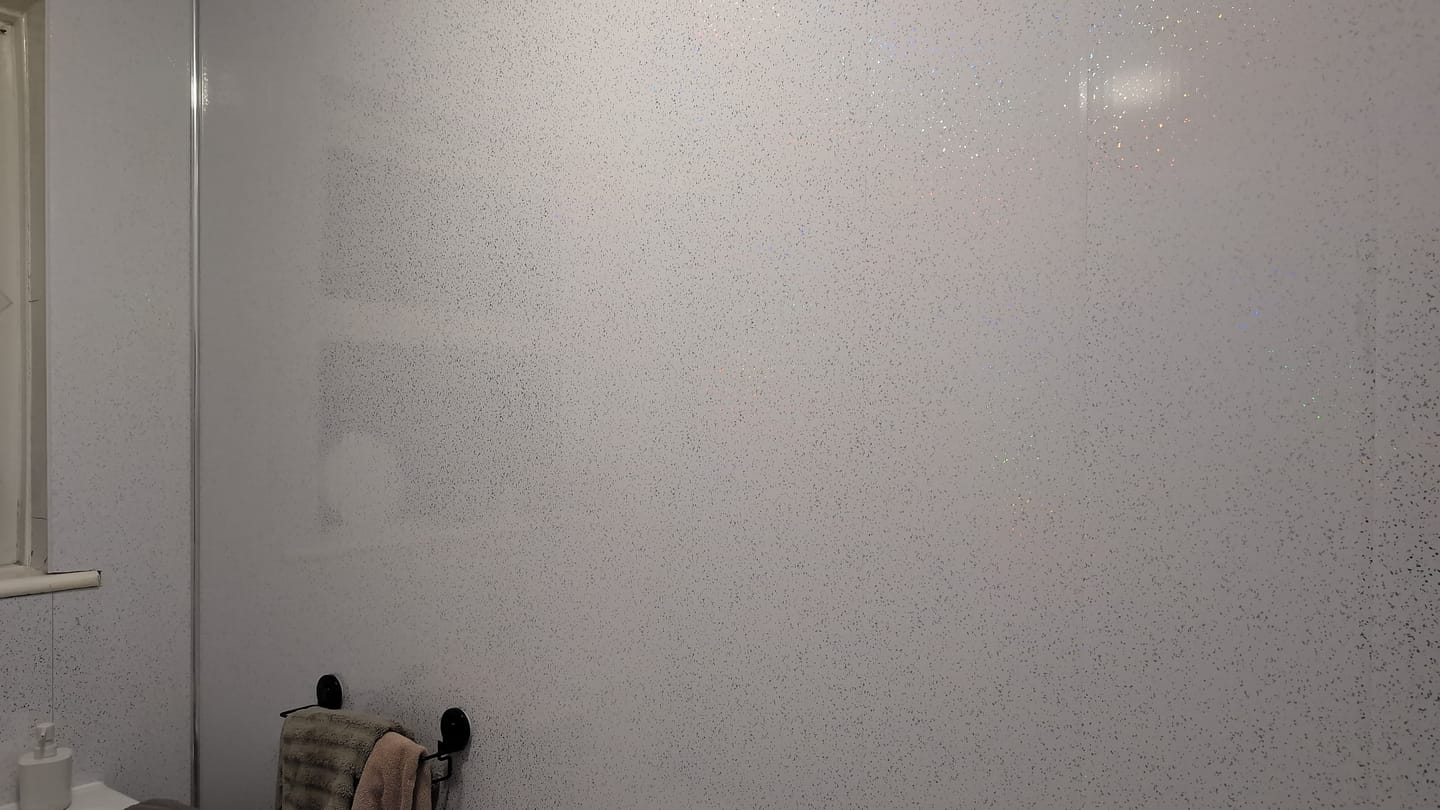 Customer photo review of 8mm Platinum White Sparkle Bathroom Wall Panel 2.6M