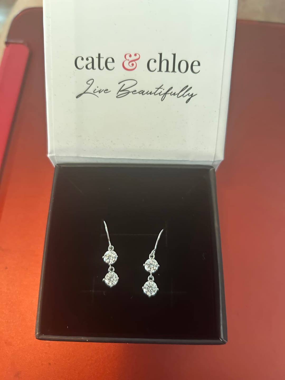 Customer photo review of Moissanite by Cate & Chloe Talia 18k Gold Plated 925 Sterling Silver Dangle Earrings 2.0tcw