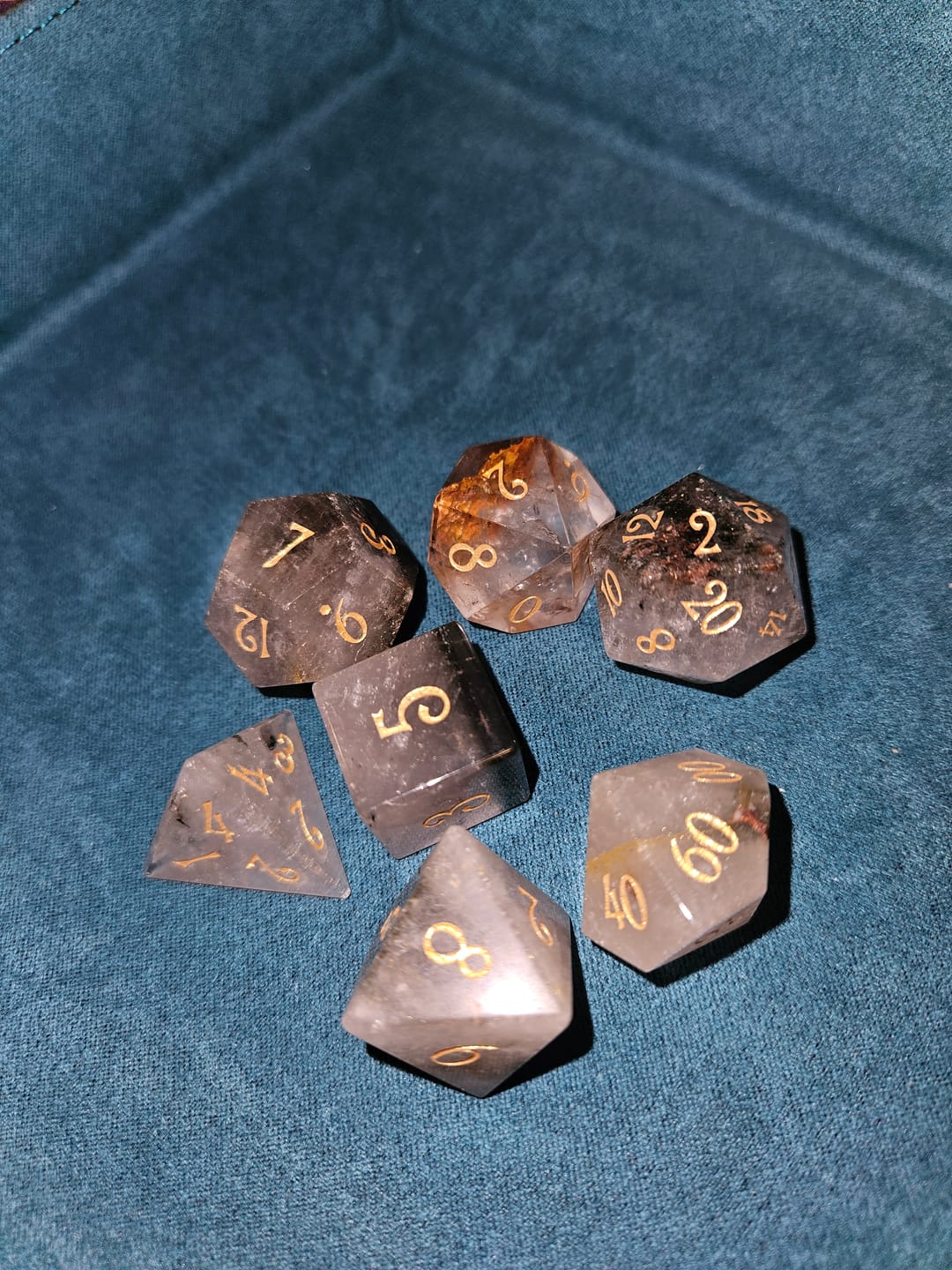 Customer photo review of URWizards D&D Phantom Quartz Gemstone Engraved Dice Set(Limited edition)