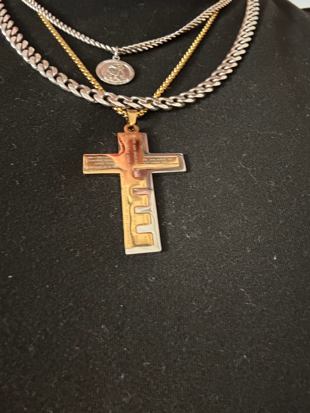 Customer photo review of FREE Today: Modern Tri-Color Lord's Prayer Cross Necklace: A Timeless Symbol of Holy