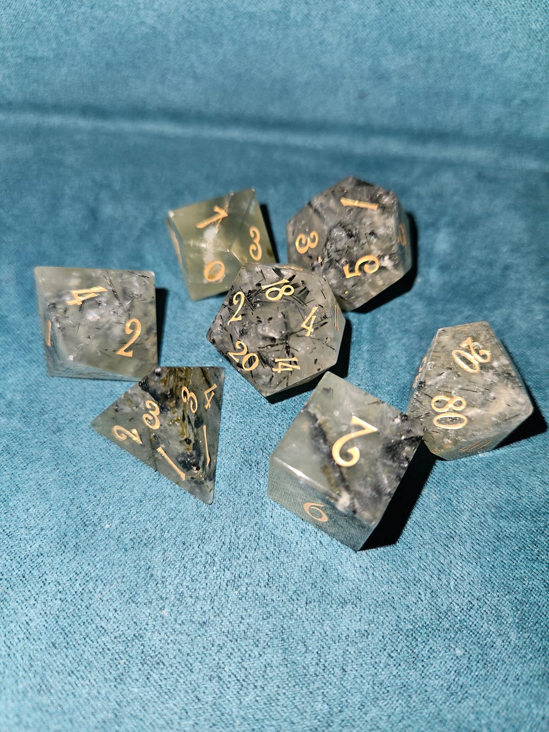 Customer photo review of URWizards D&D Prehnite Gemstone Engraved Dice Set(Limited edition)