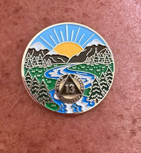 Customer photo review of 13 Year Sobriety Mint Winding River Gold Plated AA Recovery Medallion - Thirteen Year Chip/Coin
