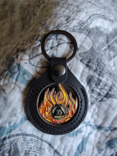 Customer photo review of Sobriety Mint Genuine Leather 40mm AA Medallion Keychain Holder - Recovery Chip/Coin/Token Holder - Black