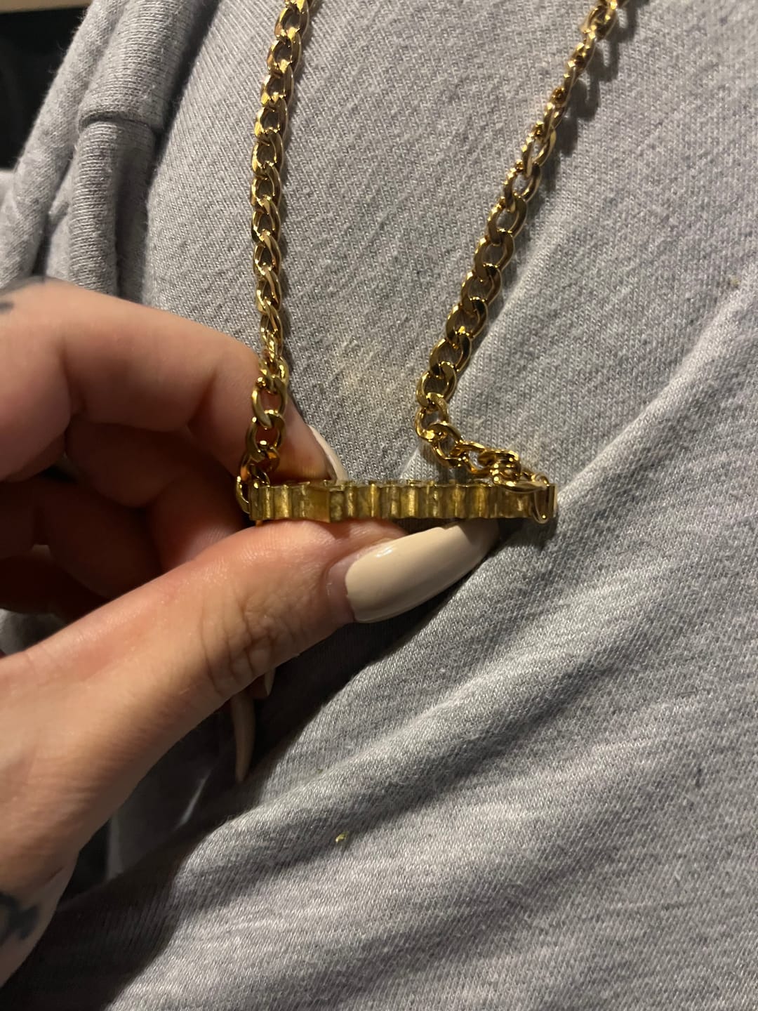 Customer photo review of Thick Gothic Nameplate Necklace w/ Cuban Chain