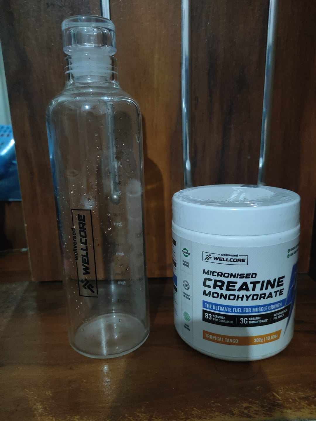 Customer photo review of Wellcore - Micronised Creatine Monohydrate (83 Servings, Tropical Tango) + Premium Glass Bottle