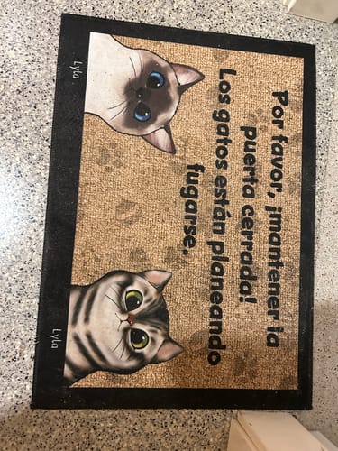 Customer photo review of Los gatos planean una fuga - Felpudo personalizado