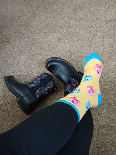 Customer photo review of SockSmith Ladies Peep This Yellow & Blue Crew Socks WNC2979-YEL