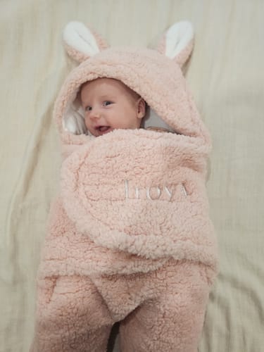 Customer photo review of Personalized Embroidered Name Bunny Baby Swaddle – Warm, Comfortable, and Easy to Use
