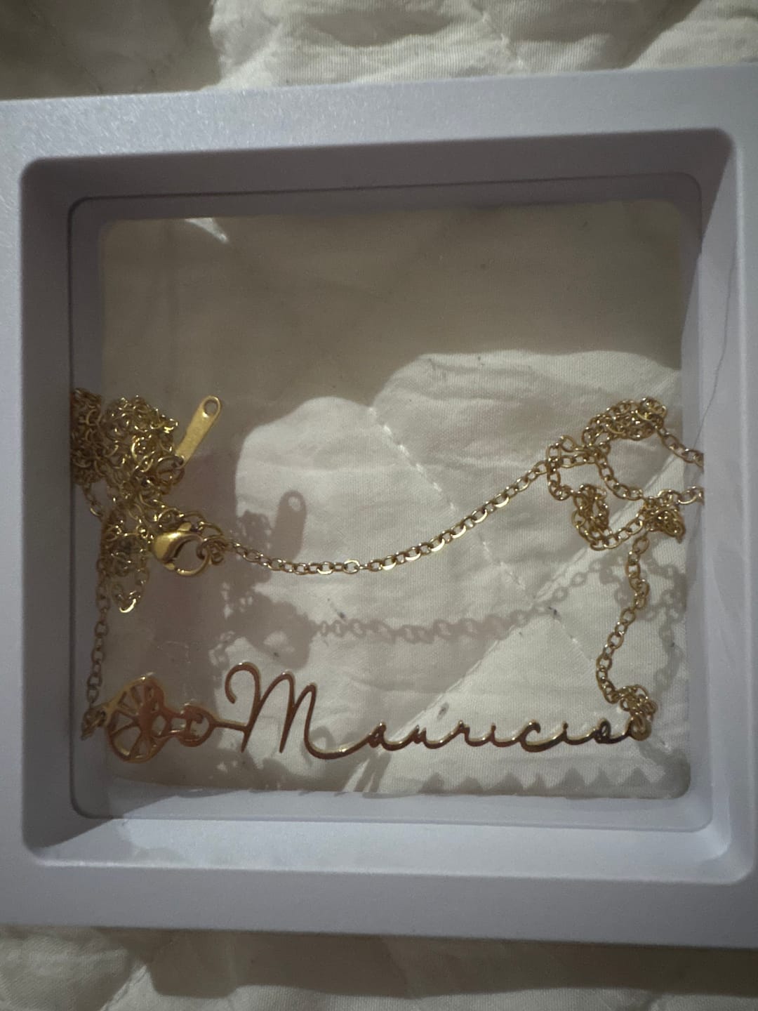 Customer photo review of Birth Flower Horizontal Name Necklace