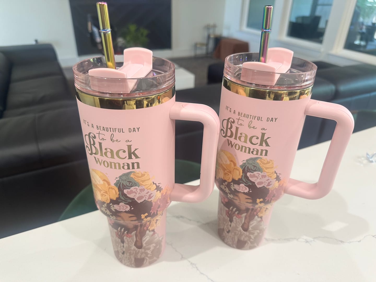 Customer photo review of Pink “Royalty Blossomed” 40oz Insulated Tumbler – "It’s a Beautiful Day to be a Black Woman"