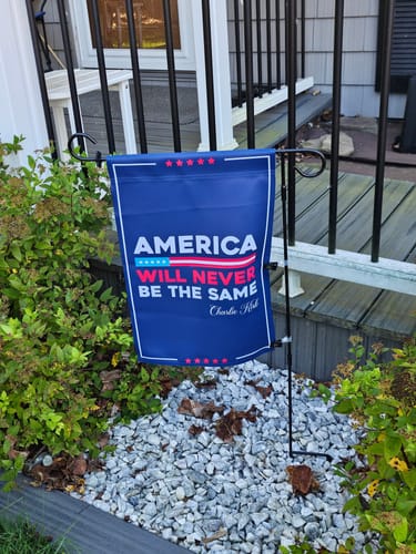 Customer photo review of Justice for Charlie Garden Flag, A True Patriot Charlie Kirk Yard Flag, Charlie Kirk Is My Hero Outdoor Flag, Charlie Kirk Freedom Flag