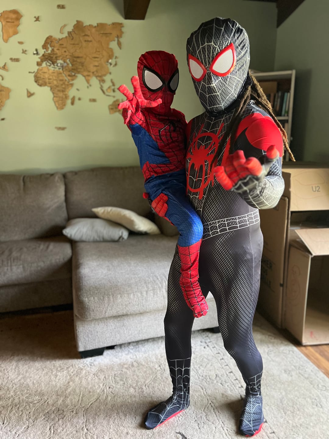 Customer photo review of Miles Morales Spider Man Costume with Hoodie for Boys and Adult Men.