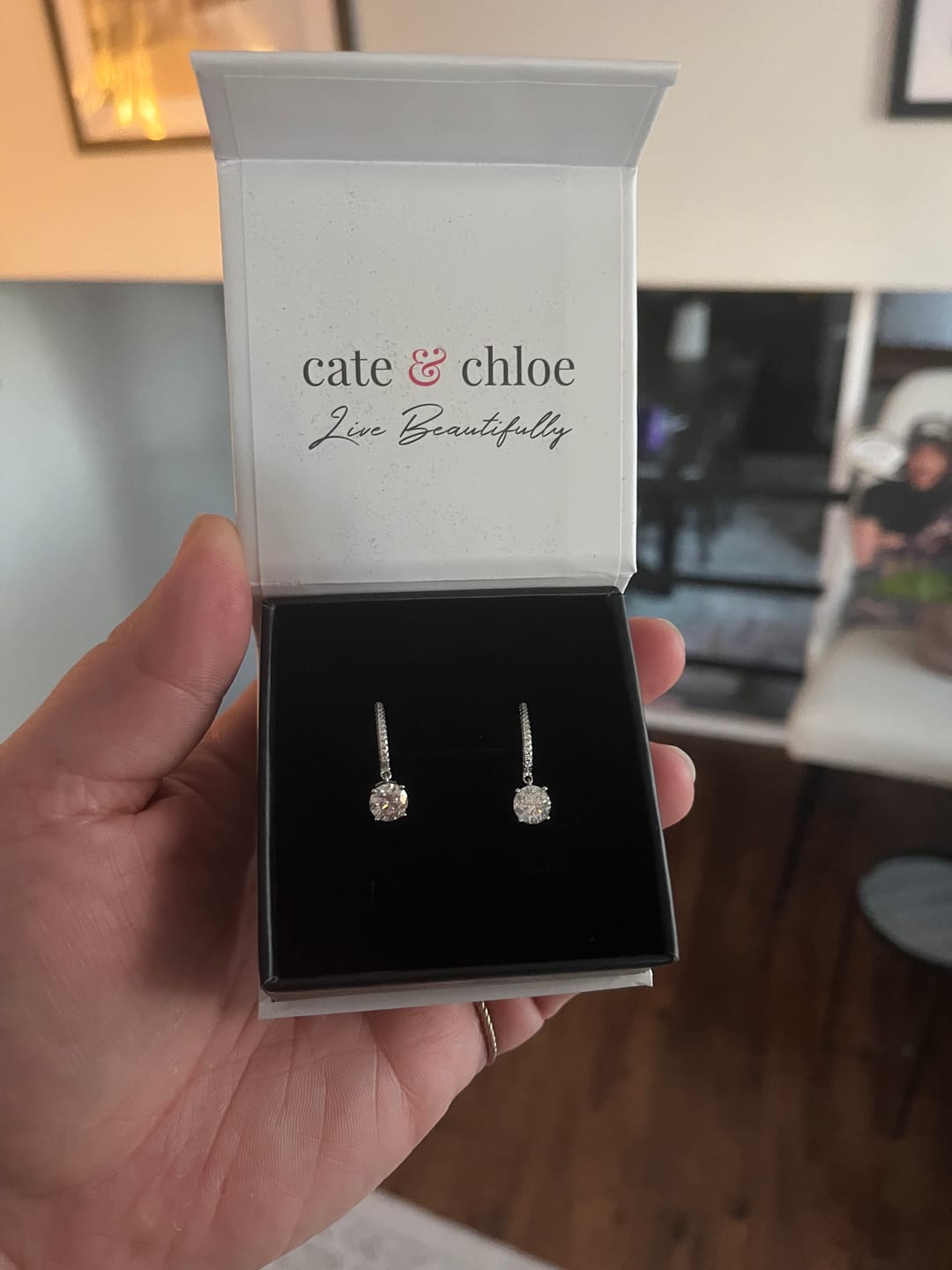 Customer photo review of Moissanite by Cate & Chloe Finley 18k Gold Plated 925 Sterling Silver Dangle Earrings 2.13tcw