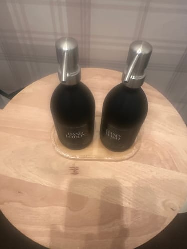 Customer photo review of Set of 2 Matt Black Glass Bottle 500 ML with Metal Pump & Small Tray (Black Label)