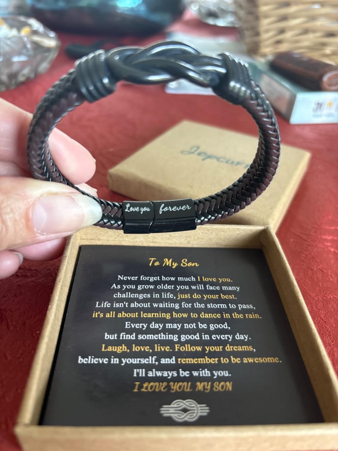 Customer photo review of To My Son Bracelet From Mom/Dad | Forever Leather Bracelet For Men/Boys