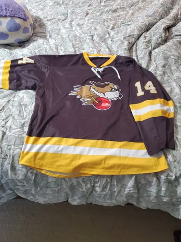 Customer photo review of Custom Brown Gold-White Lace-Up Neck Hockey Jersey