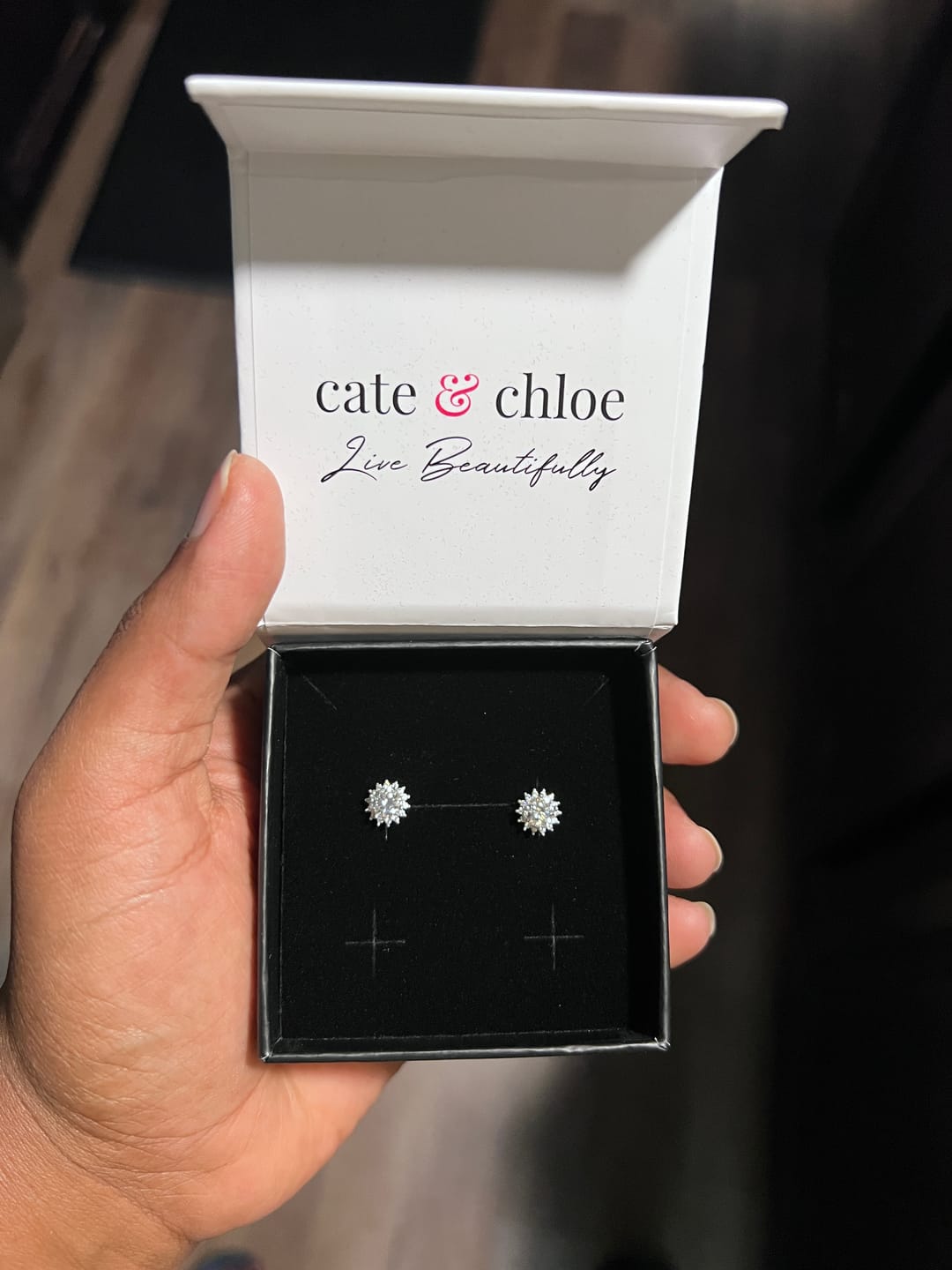 Customer photo review of Moissanite by Cate & Chloe Starla 18k Gold Plated 925 Sterling Silver Stud Earrings 1.14tcw