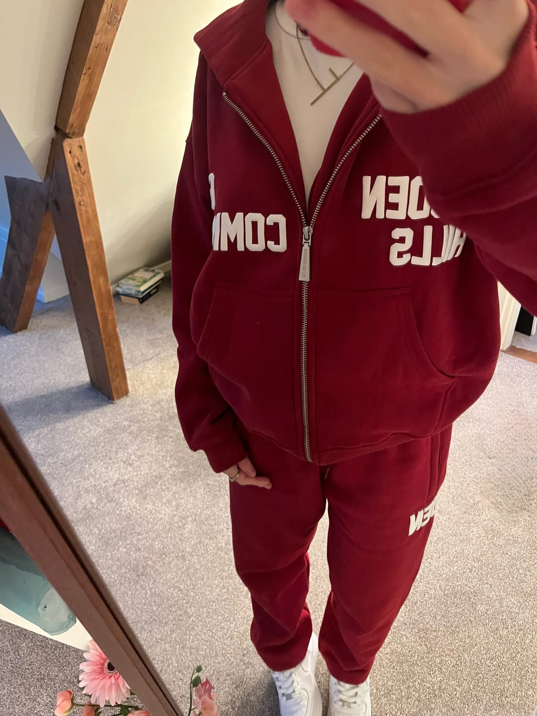 Customer photo review of GATED COMMUNITY STRAIGHT LEG SWEATPANTS BURGUNDY