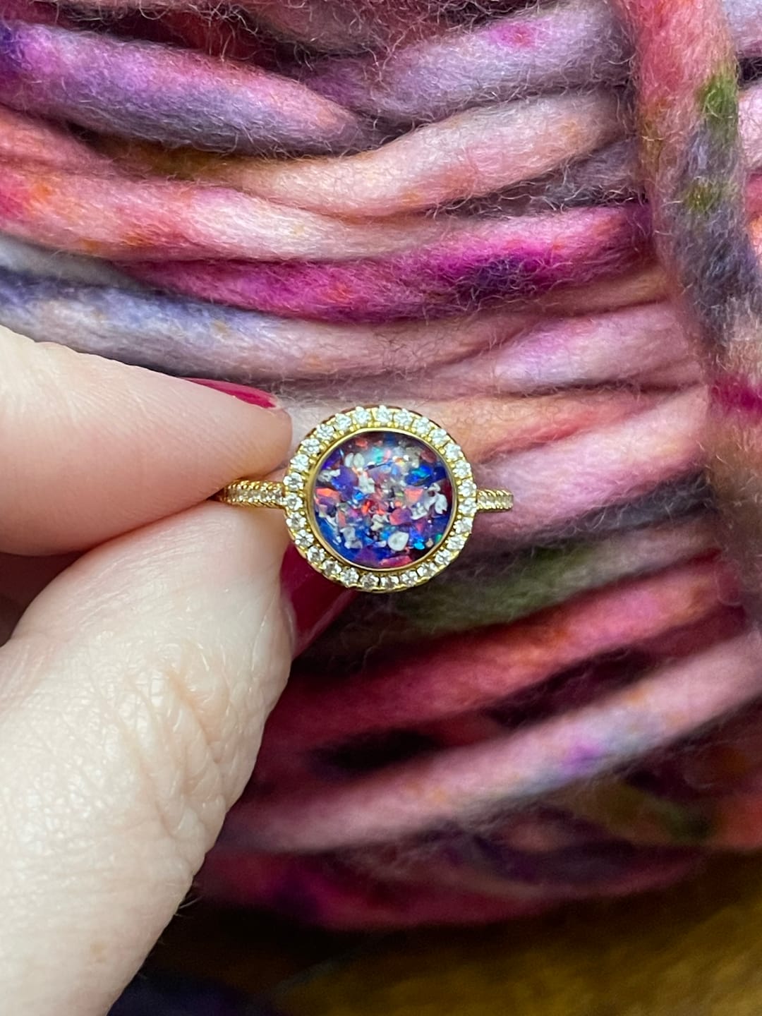 Customer photo review of Bedazzled Circle Opal Cremation Ring