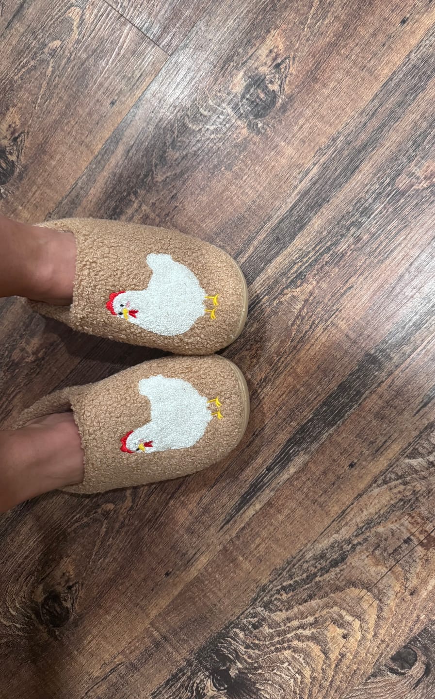 Customer photo review of Brown Fuzzy Chicken Slippers - Adult