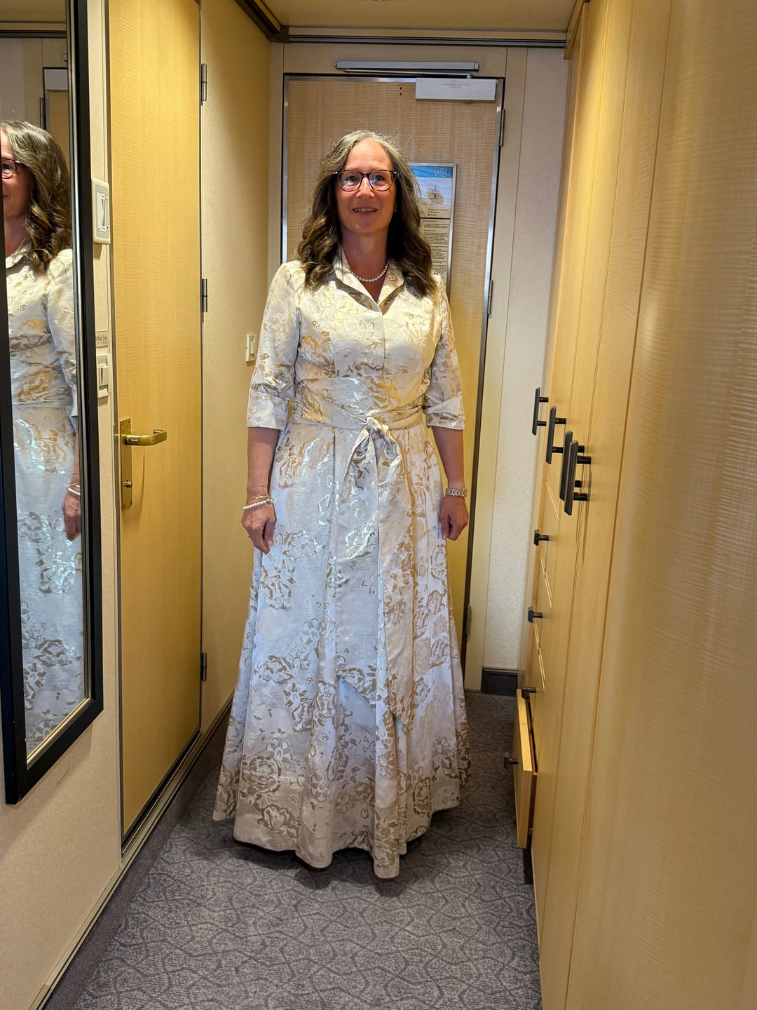 Customer photo review of 'Signature' Gold and Cream Brocade Maxi Shirt Dress