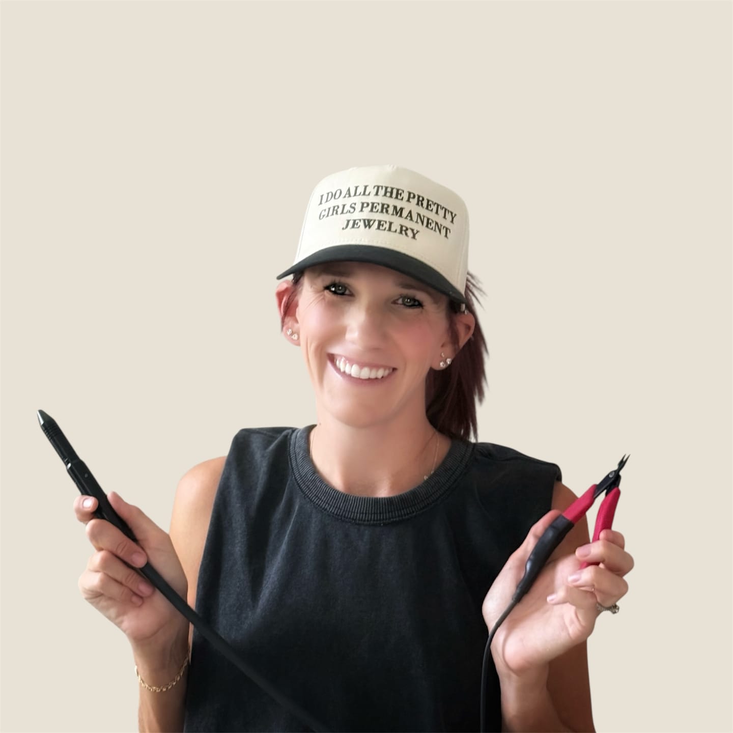 Customer photo review of I do all the pretty girls permanent jewelry- Trucker Hat