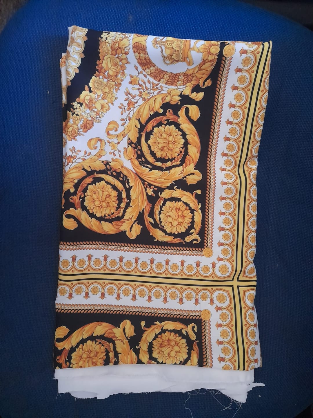 Customer photo review of Luxurious Baroque Medusa Pattern Fabric in Black and Gold – Custom Printed Fabric on Satin, Crepe, Spandex or Chiffon