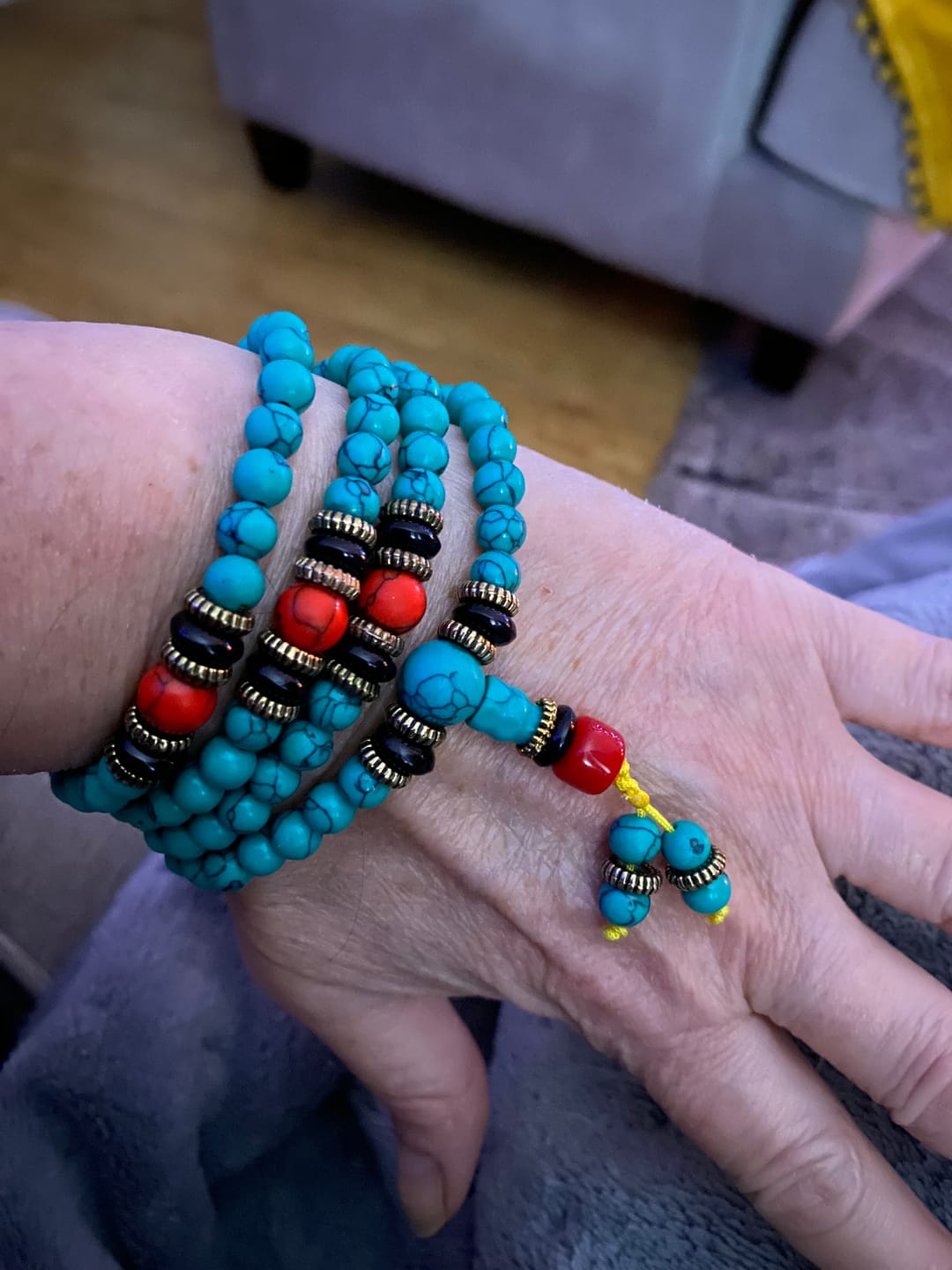 Customer photo review of Buddha Stones Tibetan Turquoise Healing Mala Bracelet