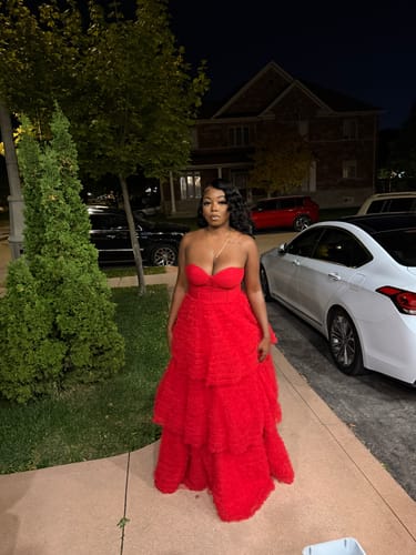 Customer photo review of Godiva Pleated Tulle Tiered Ball Gown by Bariano - RENTAL