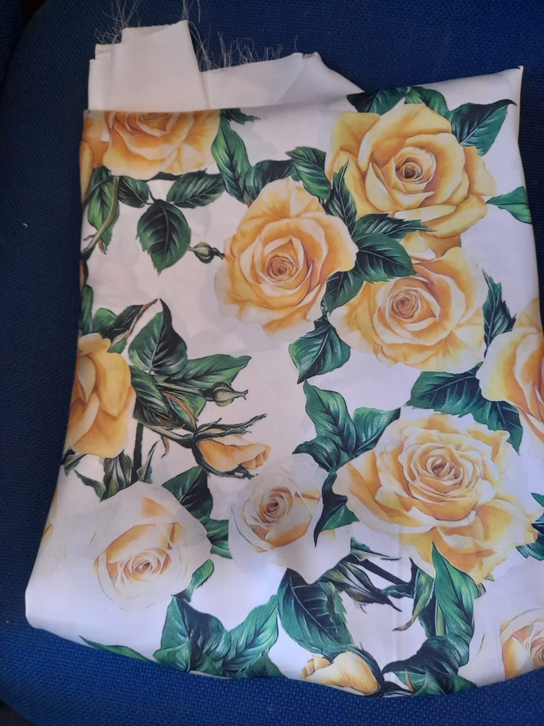 Customer photo review of White Satin Fabric with Yellow Rose Floral Print