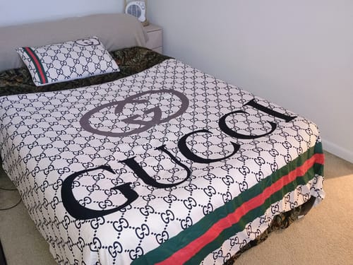 Customer photo review of Logo in Monogram Background Gucci bed set
