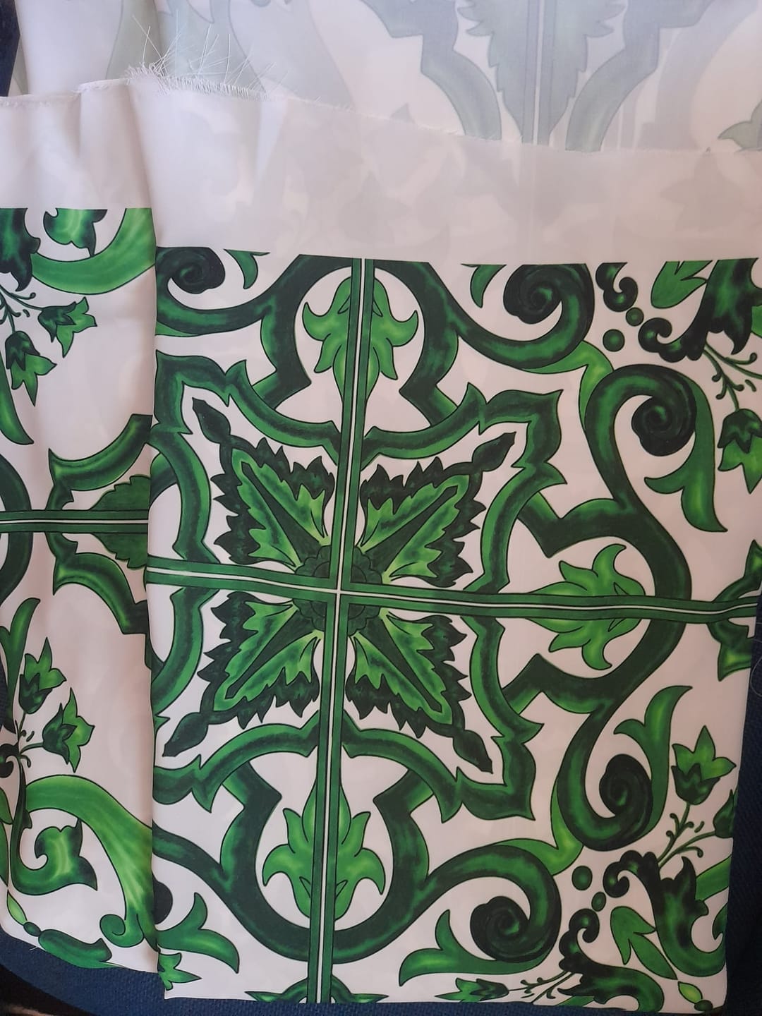 Customer photo review of Green Baroque Tile Pattern Fabric – Fabric by Metre, Multiple Options for Sewing & Dressmaking