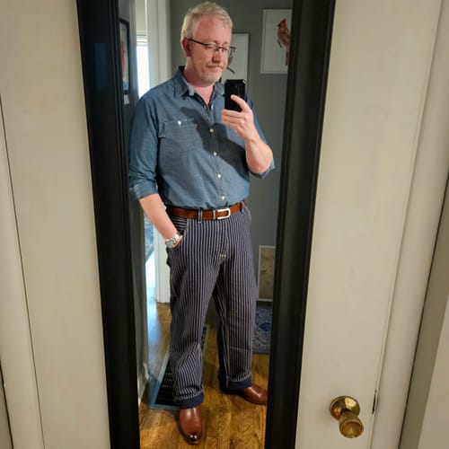 Customer photo review of Indigo Wabash Stripe Work Trousers