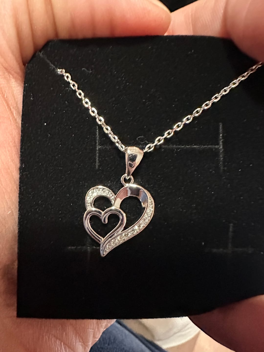 Customer photo review of Jennifer 18k White Gold Plated Double Heart Necklace with Swarovski Crystals