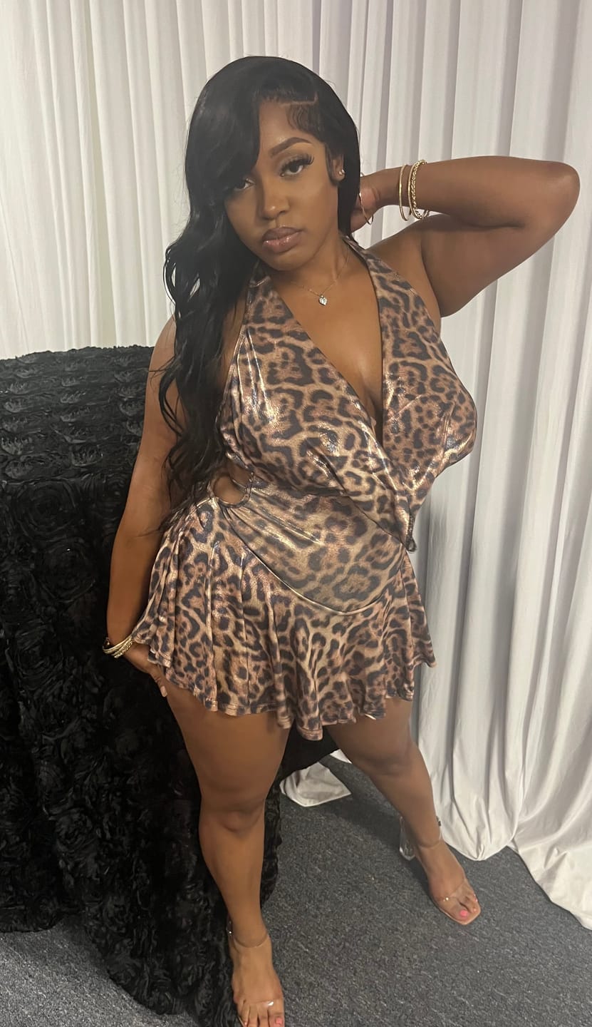 Customer photo review of Campbell Leopard Foil Cowl Neck Mini Dress