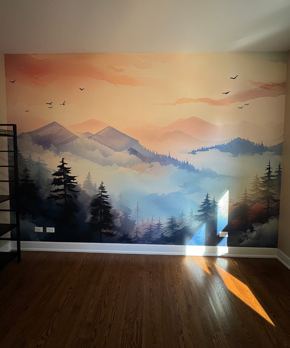 Customer photo review of Colorful Nursery Mural, Forest and Mountains Wall Decal, Peel and Stick Nature Mural, Sunset Wallpaper, Mountain Custom Size, Removable