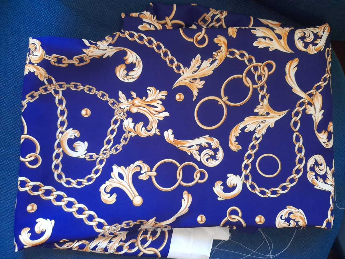 Customer photo review of Royal Blue Fabric with Gold Chains & Baroque Scrolls by Metre