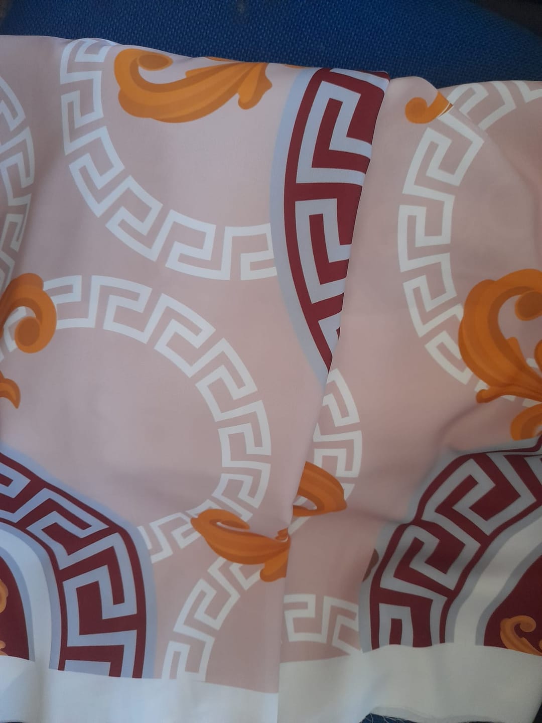 Customer photo review of Baroque Medallion Crepe Fabric by the Metre – Beige Red & Gold Design