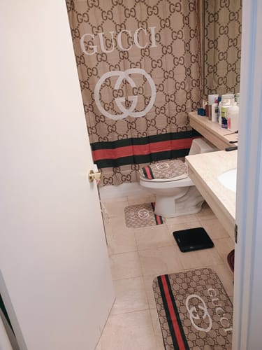 Customer photo review of Brown Gucci shower curtain and bathroom set