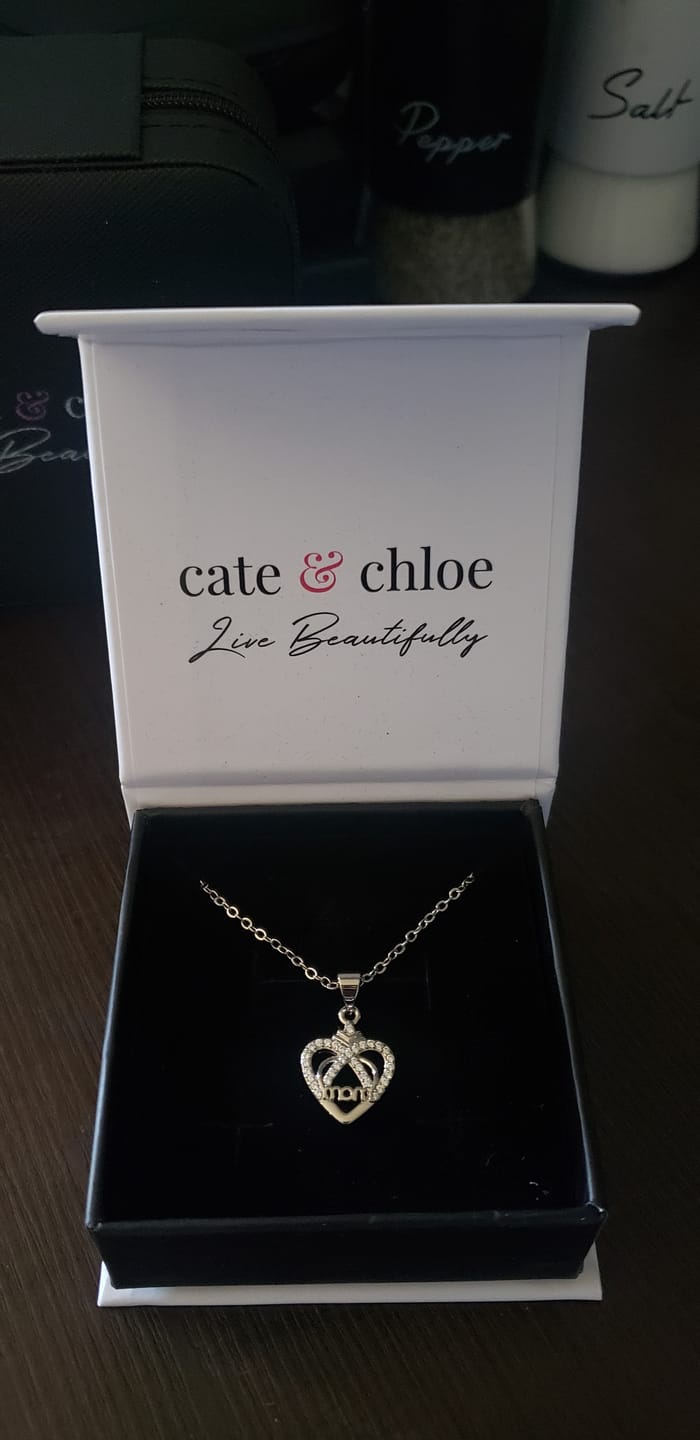 Customer photo review of Jenna 18k White Gold Plated Mom Heart Necklace with Simulated Diamond Crystals