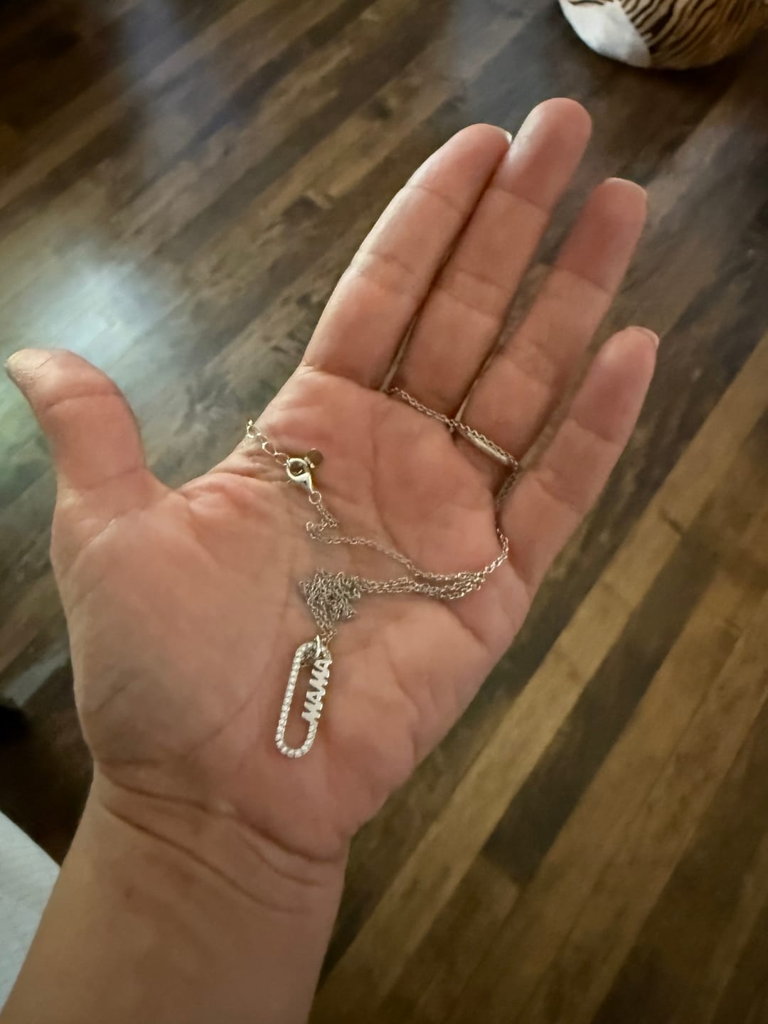 Customer photo review of Elaine 18k White Gold Plated Mama Pendant Necklace with Simulated Diamond Crystals