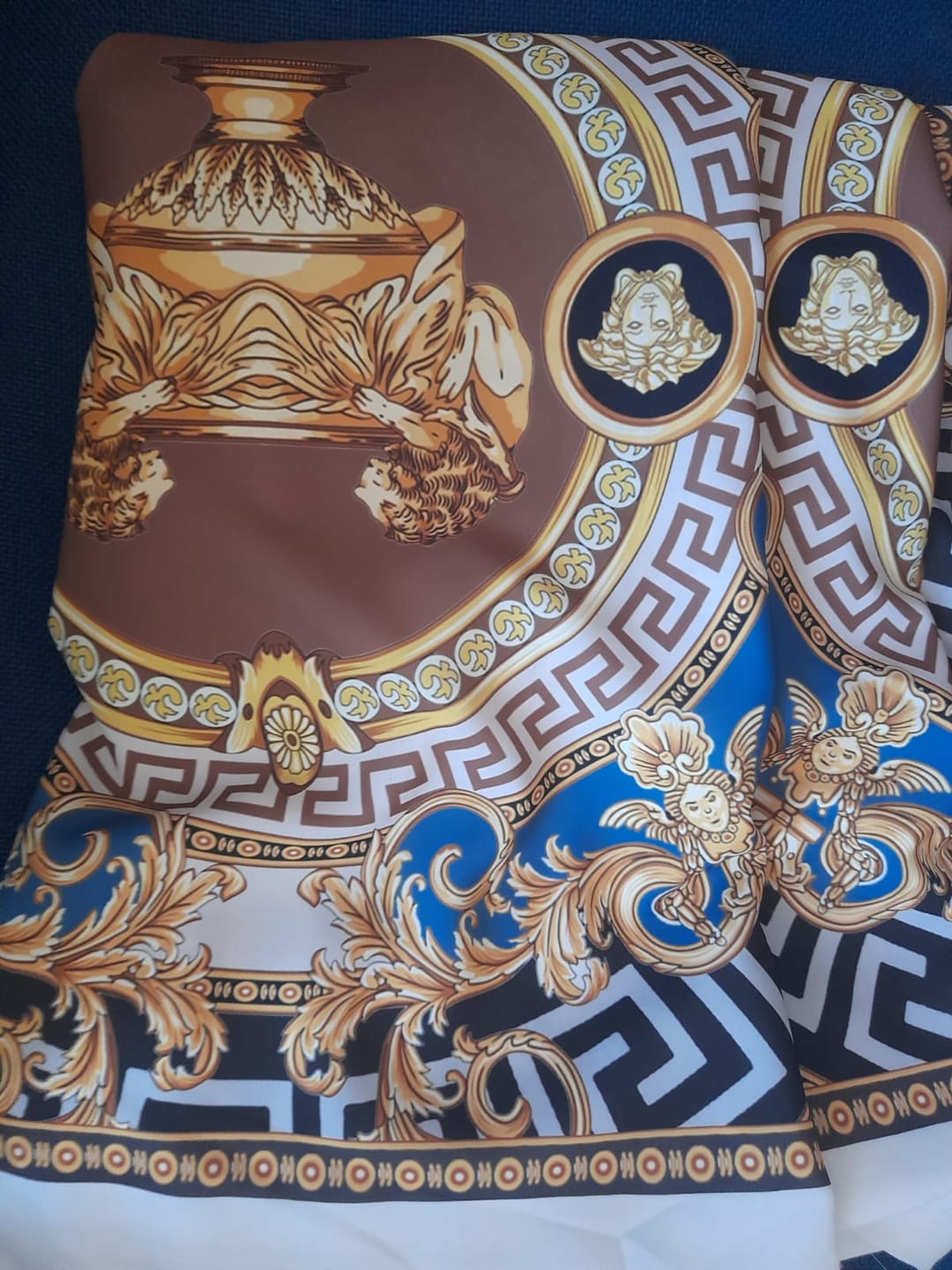Customer photo review of Gold & Blue Ornate Pattern Luxury Baroque Design Fabric – Fabric by Metre, Options: Satin, Crepe, Spandex, Chiffon